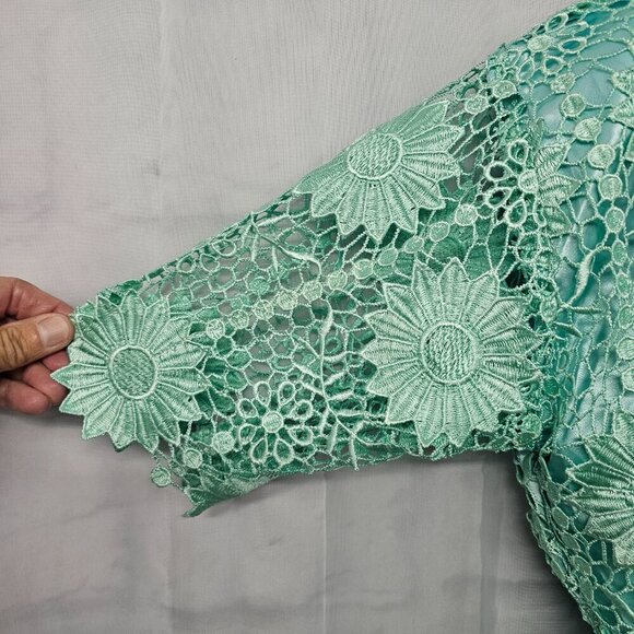 Handmade Seafoam Green Lace Crochet Floral Satin Formal Maxi formal Dress M/L - Picture 3 of 12